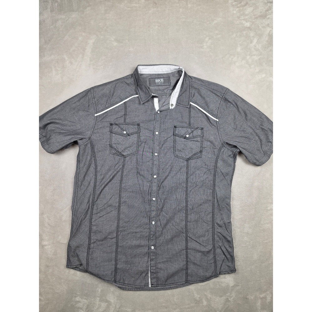 BKE Button Up Pearl Snap Shirt Mens XXL Gray Athletic Fit Short Sleeve Pockets